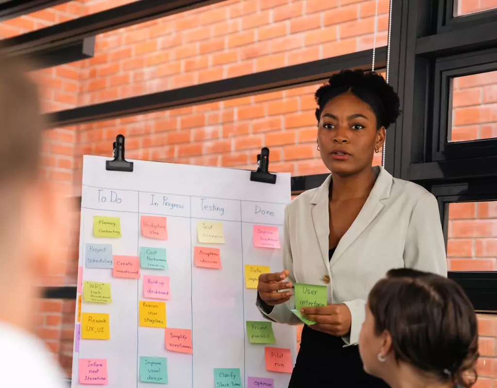 Team utilizing a Kanban board, an essential tool in Custom Agile Solutions, for task prioritization in an Agile work environment.